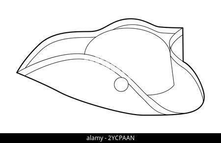 Tricorne-Hut. Kopf Mode Accessoire Kappe mit breiter Krempe Kleidung technische Illustration. Vektor-Kopfbedeckung für Männer, Frauen, Unisex-Stil, flache Vorlage CAD-Modell Skizze Umriss isoliert Stock Vektor