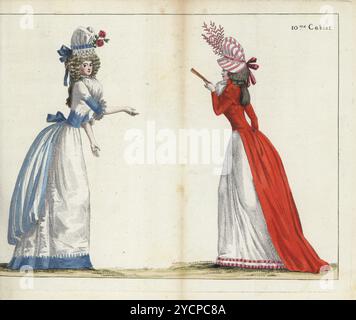 Frau in gefalteter Gaze-Mütze, himmelblauen Bändern, Taft-Kleid, Gaze-Fichu, himmelblauem Gürtel, weißer Unterrock mit blauem Saum. Frau in lässigem Outfit, en Neglige. Chapeau ein Soufflet aus gestreiften Taffetas, scharlachroter Rotinote, Gaze Fichu, weißem Leinen-Unterrock mit rosa Schleife. Handkolorierter Kupferstich aus Jean-Antoine le Brun oder Lebrun-Tossas Journal de la Mode et du Gout, früher Cabinet des Modes, Chez Buisson, Paris, und Joseph le Boffe, London, 1790. Stockfoto