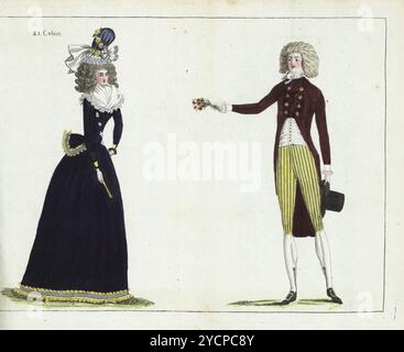 Frau in violetter Taffeta-Mütze, weißem Gaze-Schmetterling, Haar in Ringellocken, königsblauem Caraco und Unterrock mit gelbem Taffeta, Spitzenfichu, gelbem Fächer und Hausschuhen. Dandy mit Hut, Haar a l'ingenue, weinroter zweireihiger Reitmantel, weiße bazin-Weste, gestreifte Baumwollhüllen, Seidenhose, silberne Schnallenschuhe. Handkolorierter Kupferstich aus Jean-Antoine le Brun oder Lebrun-Tossas Journal de la Mode et du Gout, früher Cabinet des Modes, Chez Buisson, Paris, und Joseph le Boffe, London, 1790. Stockfoto