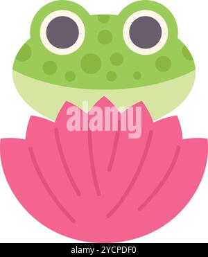 Minimalistische Vektor-Illustration eines grünen Frosches, der auf einer rosa Lotusblume sitzt, isoliert auf einem weißen Hintergrund Stock Vektor