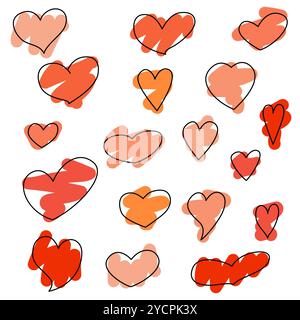 Doodle Heart Icons Set. Sammlung verschiedener farbenfroher Elemente auf weißem Hintergrund, verschiedene einfache, flache Formen. Liebe Valentine Stockfoto