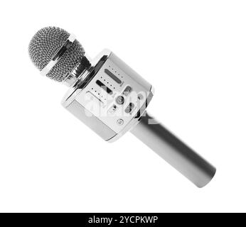Ein silbernes Karaoke-Mikrofon isoliert auf weiß Stockfoto