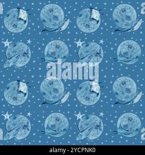 Mond und Mantarochen, Seesterne, Blauwal nahtloses Muster auf blauem Hintergrund. Hochwertiges, handgezeichnetes blaues einfarbiges Aquarell für Textilien Stockfoto