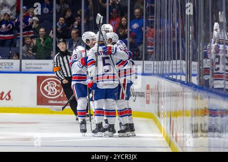 Rochester, New York, USA. Oktober 2024. Die Spieler der Rochester-Amerikaner feiern in der ersten Periode ein Tor gegen die Belleville Senators. Die Rochester Americans veranstalteten die Belleville Senators in einem Spiel der American Hockey League in der Blue Cross Arena in Rochester, New York. (Jonathan Tenca/CSM). Quelle: csm/Alamy Live News Stockfoto