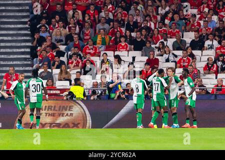 Lissabon, Portugal. Oktober 2024. Feyenoord-Spieler feiern ein Tor beim UEFA Champions League-Spiel zwischen SL Benfica und Feyenoord im Estadio da Luz-Stadion. (Endnote: SL Benfica 1 - 3 Feyenoord) (Foto: Hugo Amaral/SOPA Images/SIPA USA) Credit: SIPA USA/Alamy Live News Stockfoto