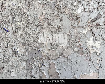 Graue Farbe löst sich von der Wand ab. Verwitterte lackierte Metalloberfläche mit Rissmuster. Stockfoto