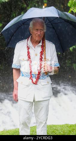 König Karl III. Steht neben einem Wasserfall, während er während seines Besuchs im O Le Pupu'PUE National Park auf Sa'agafou auf der Insel Upolu einen Regenschirm benutzt, um lokale Dorfbewohner und Gemeindegruppen zu treffen, die am fünften Tag des königlichen Besuchs in Australien und Samoa an der Wiederaufforstung beteiligt waren. Bilddatum: Donnerstag, 24. Oktober 2024. Stockfoto