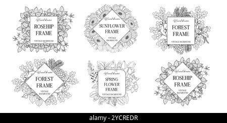 Handgezeichnete botanische Rahmen mit Blättern und Blumen. Vektordarstellung im Skizzenstil isoliert auf weiß. Realistisches Forst-Design-Element. Platz für Stock Vektor