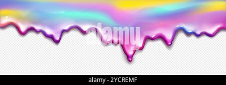 Regenbogenschleimspritzer isoliert auf transparentem Hintergrund. Vektor-realistische Illustration der Farbverlaufsflüssigen Substanz, die nach unten tropft Oberfläche, abstrakter bunter Glitzer, irisierende Fluidgrenze Stock Vektor