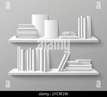 Buchstapelrücken und vordere Abdeckung auf Wandregal. Realistische 3D-Vektor-Illustration von Papierliteratur mit festem Einband, das auf einem Bücherregal steht und liegt, für die Innenarchitektur von Geschäften, Heimen oder Bibliotheken. Stock Vektor