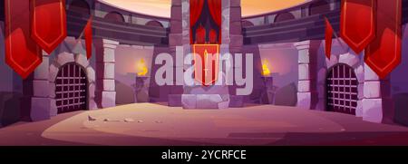 Alte römische Gladiatorenarena mit roten kaiserlichen Fahnen, Feuer in Fackel an der Wand, Gittertore und königlichen Stühlen auf Tribüne. Zeichentrickvektor altes griechisches Amphitheater Rundszene für Kriegerkämpfe. Stock Vektor