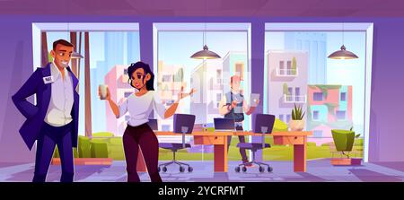 Zwei Kollegen sprechen mit einem Lächeln in einem hellen, modernen Büro mit großen Fenstern, die das Stadtbild zeigen. Geschäftsfrau hält eine Kaffeetasse, Mann im Anzug hört aufmerksam zu, ein anderer Mitarbeiter überprüft das Tablet Stock Vektor