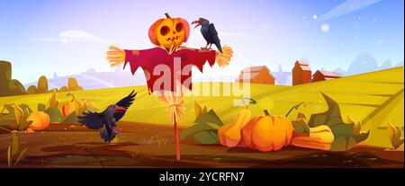 Herbstliche Feldlandschaft mit Reifen orangen Kürbissen auf dem Boden, Vogelscheuche mit Gesicht auf Kürbiskopf, Strohkörper und alte Kleidung, schwarze Vögel, Hügel und rote Scheune am Horizont, blauer Himmel mit Sonne. Stock Vektor