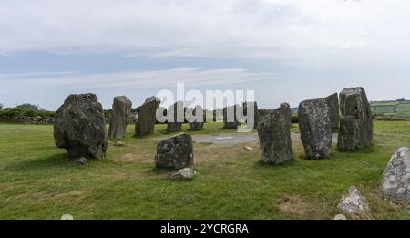Ein Panoramablick auf den Drombeg Stone Circle in der Grafschaft Cork in Irland Stockfoto