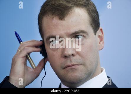 Berlin, DEU, 05.06.2008, der russische Präsident Dmitri Medwedew nimmt an einer Pressekonferenz in Berlin Teil, der russische Präsident Dmitri Medwedew, Berlin, Deutschland, EU Stockfoto