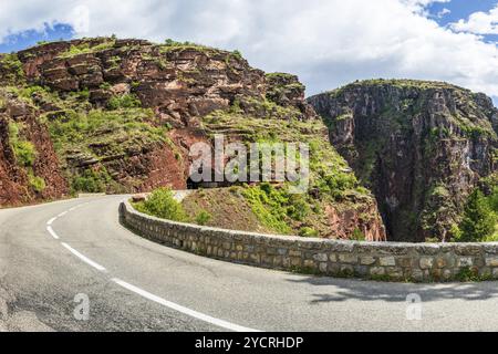 Straße durch die Schlucht Gorges du Daluis mit ihren roten Felsen, Departement Alpes Maritimes, Französische Seealpen, Frankreich, Europa Stockfoto