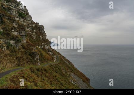 Blick auf den schmalen Wanderweg auf der Küstenwanderung im Tal der Felsen in Exmoor in North Devon Stockfoto