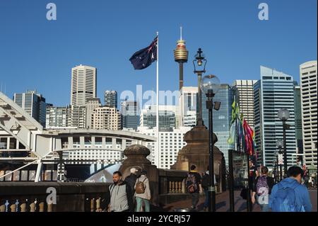 20.09.2018, Sydney, New South Wales, Australien, Ein Blick von der Pyrmont Bridge am Darling Harbour auf die Skyline von Sydneys Geschäftsviertel mit Th Stockfoto