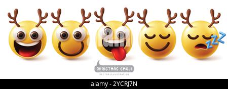 Weihnachten Emoji Rentier Zeichen Vektor Set. Emojis und Emoticon-Charaktere von weihnachtlichen Rentieren in fröhlichem, lustigem und frechem Gesichtsausdruck Stock Vektor