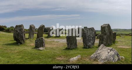 Ein Panoramablick auf den Drombeg Stone Circle in der Grafschaft Cork in Irland Stockfoto