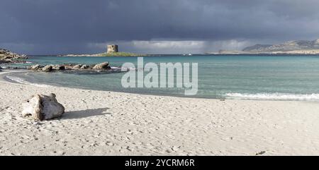 Panoramablick auf den idyllischen weißen Sandstrand von La Pelosa im Nordwesten Sardiniens Stockfoto