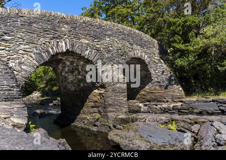 Blick auf die historische Old Weir Bridge beim Treffen der Gewässer im Killarney National Park Stockfoto