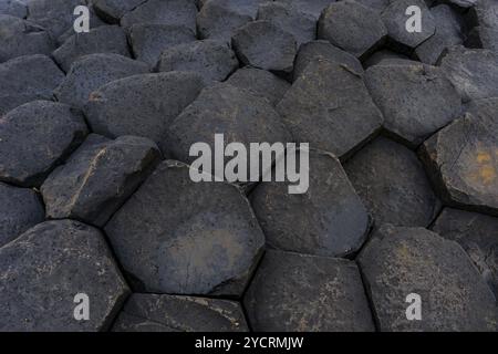 Nahaufnahme der Basaltsteinsäulen aus vulkanischem Hexagon des Giant's Causeway in Nordirland Stockfoto