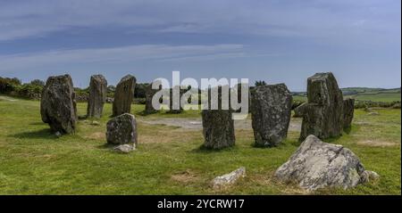 Ein Panoramablick auf den Drombeg Stone Circle in der Grafschaft Cork in Irland Stockfoto