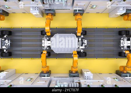 Automatisierung Automobilfabrik Konzept mit 3D Rendering Roboter Montagelinie mit Elektroauto Batteriezellen Modul auf Plattform Stockfoto