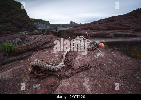 Blick auf Tantallon Castle bei Ebbe, vom Seacliff Harbour, North Berwick, East Lothian, Schottland, Vereinigtes Königreich Stockfoto