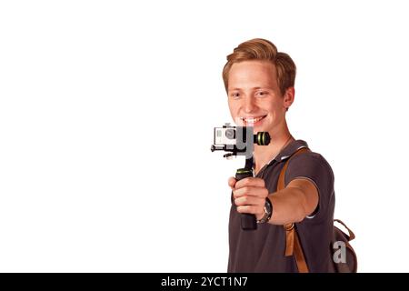 Der Videograf hält die mobile Kamera am Kardangelenk. Stockfoto