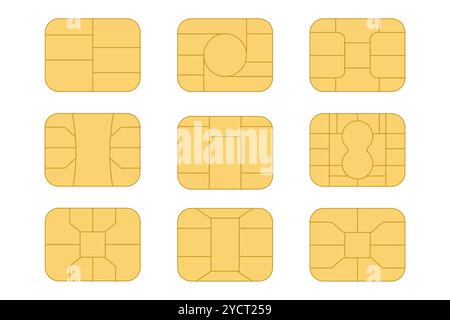 EMV-Chip-Symbolsatz. Microchip für Kreditkarten- oder Debitgebühren oder sim-Karten aus Kunststoff. Digitale NFC-Technologie. Kontaktlose Bezahlung an Terminals und Geldautomaten. Vektorabbildung Stock Vektor