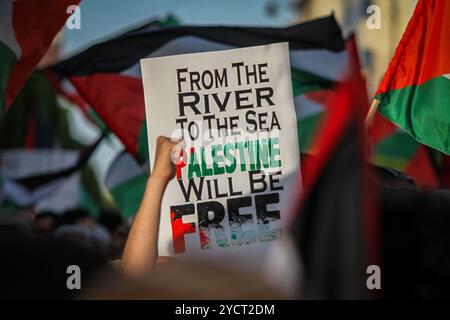 Tunis, Tunesien. 27. Mai 2024. Ein Banner, das auf die israelische Kolonialisierung verweist, das bei einem Protest in Tunis gegen den tödlichen israelischen Streik auf Rafah am Sonntag, den 26. Mindestens 45 Menschen wurden getötet und Hunderte weitere verletzt, von denen viele schwere Verbrennungen erlitten haben, als israelische Truppen über Nacht ein Lager in Rafah für Binnenvertriebene Palästinenser streikten. Israel startete am Sonntag den Angriff Rafah nach einem Raketenangriff auf Tel Aviv aus Gaza. In Tunis forderten die Demonstranten die israelische Militäroffensive im Gazastreifen und das, was sie den anhaltenden "Völkermord" in den Pales nannten Stockfoto