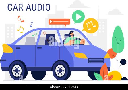 Auto-Audio-Vektor-Illustration mit einem musikalischen Auto, Lautsprechern, Soundsystem und Musik-Automobil in einem flachen Stil-Cartoon-Hintergrund Stock Vektor