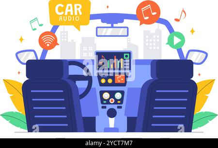 Auto-Audio-Vektor-Illustration mit einem musikalischen Auto, Lautsprechern, Soundsystem und Musik-Automobil in einem flachen Stil-Cartoon-Hintergrund Stock Vektor