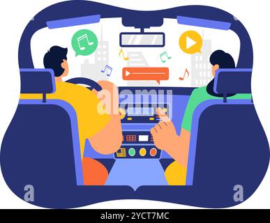 Auto-Audio-Vektor-Illustration mit einem musikalischen Auto, Lautsprechern, Soundsystem und Musik-Automobil in einem flachen Stil-Cartoon-Hintergrund Stock Vektor