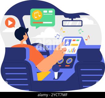 Auto-Audio-Vektor-Illustration mit einem musikalischen Auto, Lautsprechern, Soundsystem und Musik-Automobil in einem flachen Stil-Cartoon-Hintergrund Stock Vektor