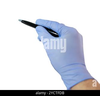 Handschrift mit blauem Handschuh auf isoliertem Hintergrund Stockfoto