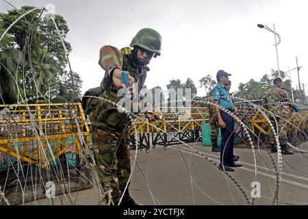 Dhaka, Bangladesch. Oktober 2024. Bangladeschische Soldaten stehen vor dem Haus des Präsidenten (Bangabhaban) Wache, während Demonstranten vor dem Haus des Präsidenten (Bangabhaban) eine Demonstration veranstalten, in der er den Rücktritt von Präsident Mohammed Shahabuddin nach seinem Kommentar über den Rücktritt des ehemaligen Premierministers Scheich Hasina am 23. Oktober 2024 in Dhaka, Bangladesch, fordert. Foto: Habibur Rahman/ABACAPRESS. COM Credit: Abaca Press/Alamy Live News Stockfoto