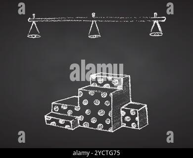 Leeres Podium für Kleidung im Innern des Geschäfts, der Boutique, des Ausstellungsraums. Regale des Kleiderschranks. Handzeichnung auf dem Hintergrund des Schwarzen Bretts. Vektor Stock Vektor
