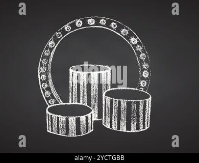 Leeres Podium für Kleidung im Innern des Geschäfts, der Boutique, des Ausstellungsraums. Regale des Kleiderschranks. Handzeichnung auf dem Hintergrund des Schwarzen Bretts. Vektor Stock Vektor