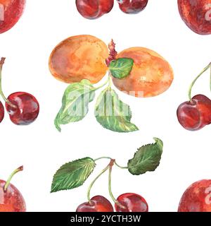 Nahtloses Muster aus Aprikose, Kirsche, roten Pflaumenzweigen mit handgezeichneten Blättern in Aquarell. Reife Beeren auf Obstbäumen. Süße Früchte sind es Stockfoto