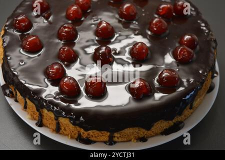 Kuchen mit eigenen Händen zubereitet. Weißer Biskuitkuchen „Drunken Cherry“, dekoriert mit Schokoladenglasur mit karamellisierten, roten und hellen, süßen Kirschen. Stockfoto