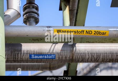 Oberhausen, Nordrhein-Westfalen, Deutschland - Rohrleitungen für Wasserstoff und Sauerstoff. Grüner Wasserstoff bei Air Liquide, Wasserstoffproduktion bei OQ Chemical Stockfoto