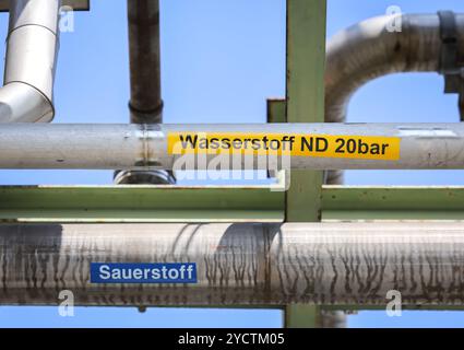 Oberhausen, Nordrhein-Westfalen, Deutschland - Rohrleitungen für Wasserstoff und Sauerstoff. Grüner Wasserstoff bei Air Liquide, Wasserstoffproduktion bei OQ Chemical Stockfoto