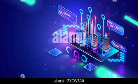 Smart City on Phone isometrisches Konzept. KI steuert die futuristische Smart City. Isometrische futuristische Gebäude mit städtischer Infrastruktur am Telefon. Netzwerk o Stock Vektor