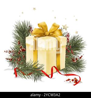 Geschenkbox und goldene Satinschleife. Flauschige Tannenzweige und rote Winterbeeren. Aquarellabbildung im digitalen Format. Neujahrsgeschenk Weihnachten Stockfoto