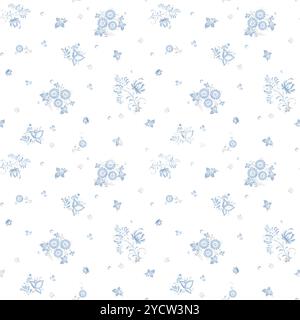 Blaue, zarte Blüten und Blätter auf einem nahtlosen Muster. Stilisiertes Muster in Form von Blumen und Blättern im russischen Stil, isoliert auf der Hintergrundierung Stockfoto