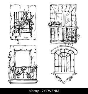 Mexikanischer mediterraner marokkanischer Fensterrahmen Balkon, Hauspflanzen, architektonische Fassade außen. Handgezeichnete Vektorgrafik. Elementgruppe Stock Vektor