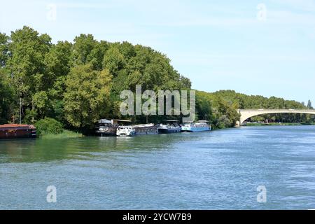 Avignon in Frankreich - 25. August 2024: Boote legen nachmittags auf der Rhone an Stockfoto